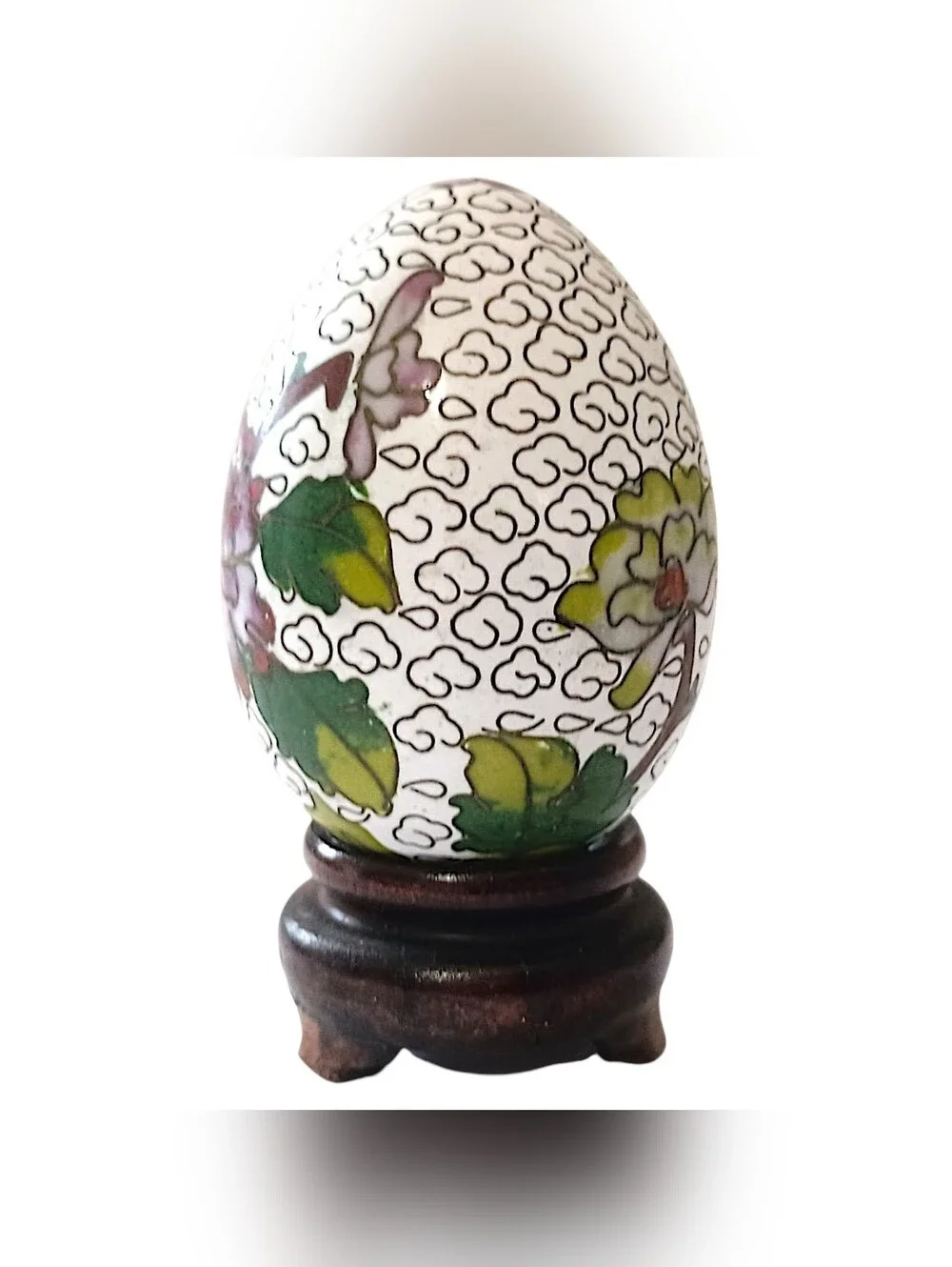 Vintage Chinese Cloisonne Enamel Over Brass Egg‎ Floral Trinket Decor Wood Stand
